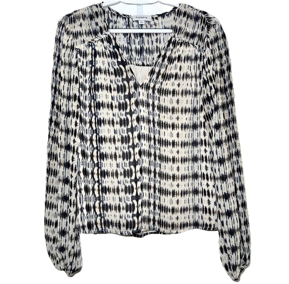 Evereve Boho Ikat Print Blouse Small Black Cream Split Neck Long Sleeve Top